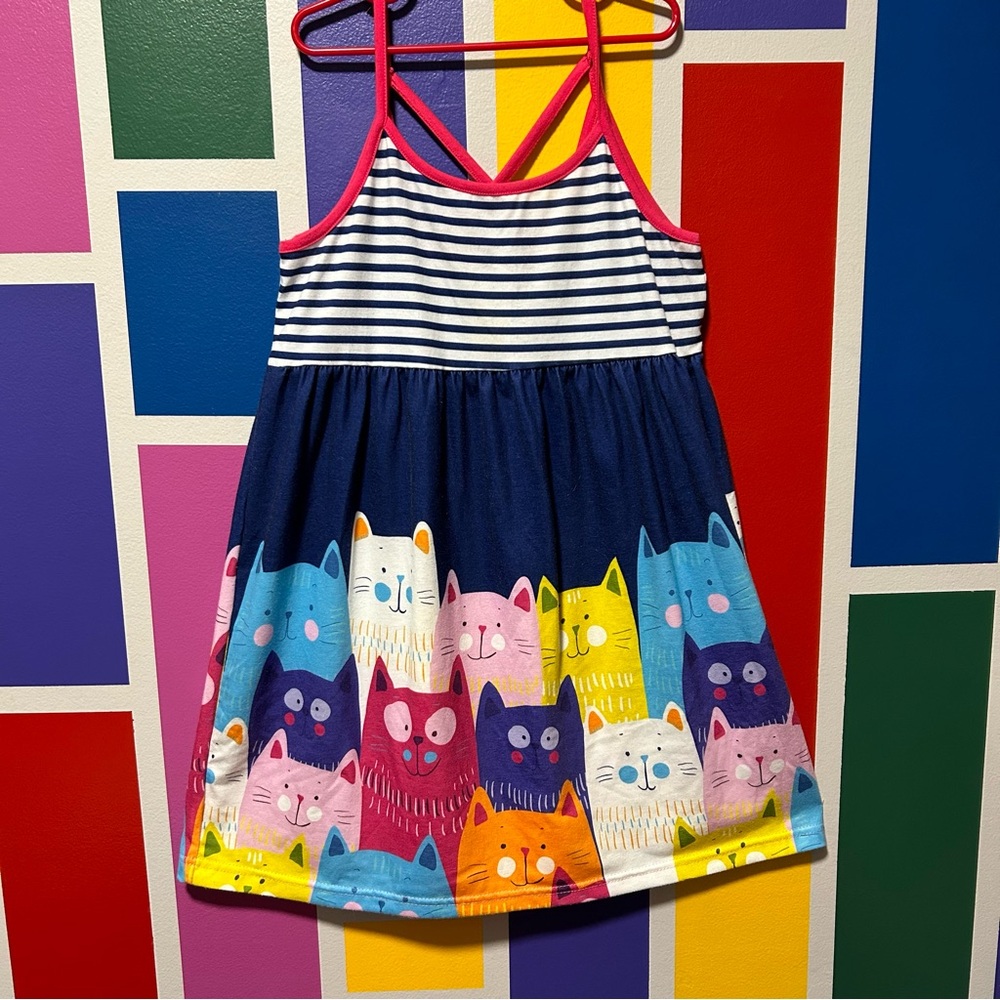 Cute and Colorful Kitty Cat Striped Sundress Cross Back Sunshine Swing Size 14